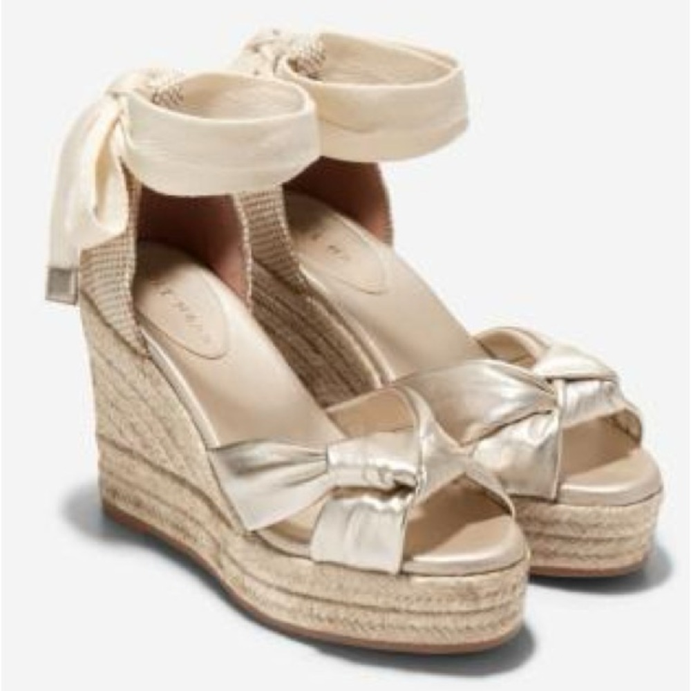 Cole Haan Women's 8 Cloudfeel Hampton Wedge Sandals Soft Gold-natural Canvas - Picture 3 of 9